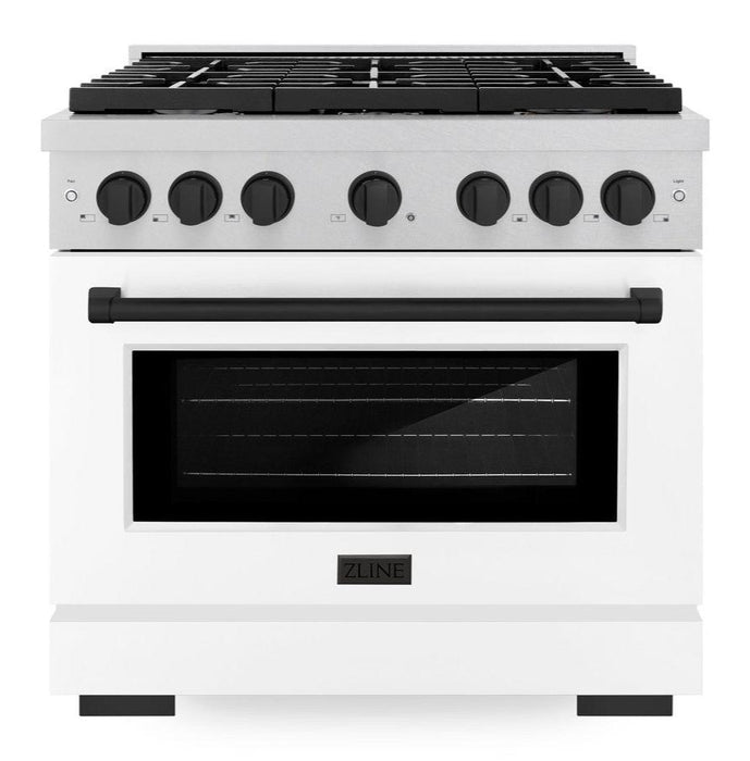 ZLINE Autograph 36" 5.2 cu. ft. Paramount Dual Fuel Range with 6 Burners in DuraSnow® with White Matte Door and Matte Black Accents, SDRSZ-WM-36-MB