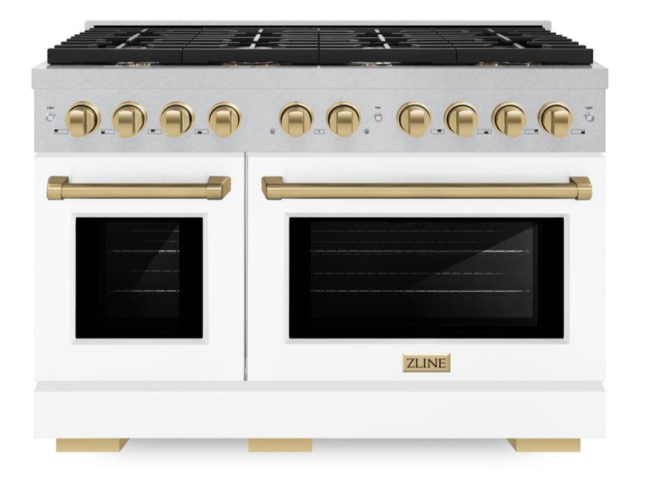 ZLINE Autograph 48" 6.7 cu. ft. Paramount Double Oven Dual Fuel Range with 8 Burners in DuraSnow® with White Matte Doors and Champagne Bronze Accents, SDRSZ-WM-48-CB