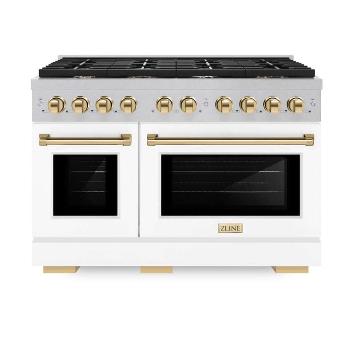 ZLINE Autograph Edition 48 in. 6.7 cu. ft. Paramount Double Oven Dual Fuel Range with 8 Burner Gas Cooktop in DuraSnow® Stainless Steel with White Matte Doors and Polished Gold Accents (SDRSZ-WM-48-G)