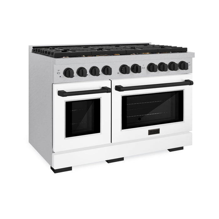 ZLINE Autograph 48" 6.7 cu. ft. Paramount Double Oven Dual Fuel Range with 8 Burners in DuraSnow® with White Matte Doors and Matte Black Accents, SDRSZ-WM-48-MB