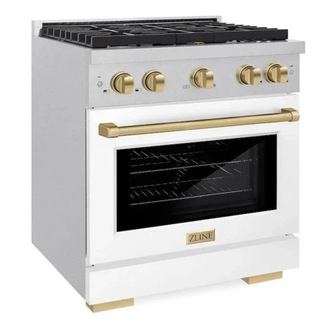 ZLINE Autograph 30" 4.2 cu. ft. Paramount Gas Range with Convection Gas Oven in DuraSnow® Stainless Steel with White Matte Door and Bronze Accents, SGRSZ-WM-30-CB