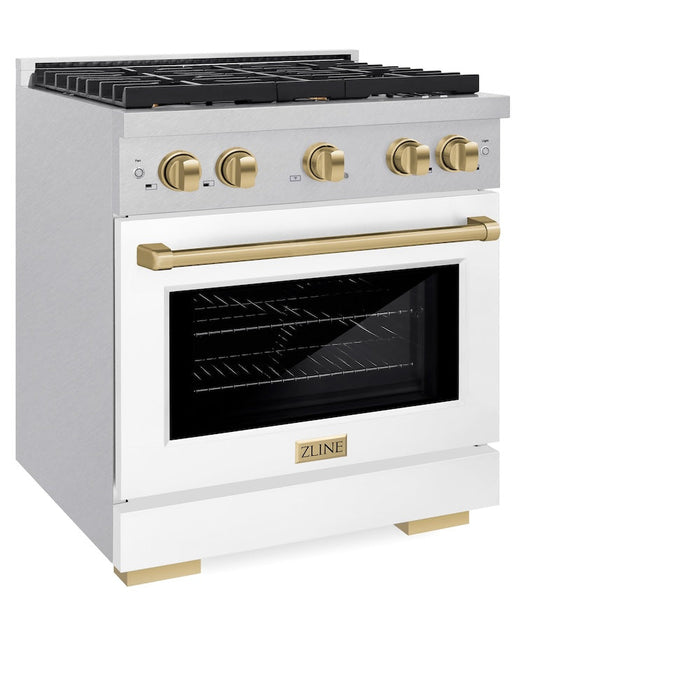 ZLINE Autograph Edition 30 in. 4.2 cu. ft. Paramount Gas Range with 4 Burner Cooktop and Convection Gas Oven in DuraSnow® Stainless Steel with White Matte Door and Champagne Bronze Accents (SGRSZ-WM-30-CB)