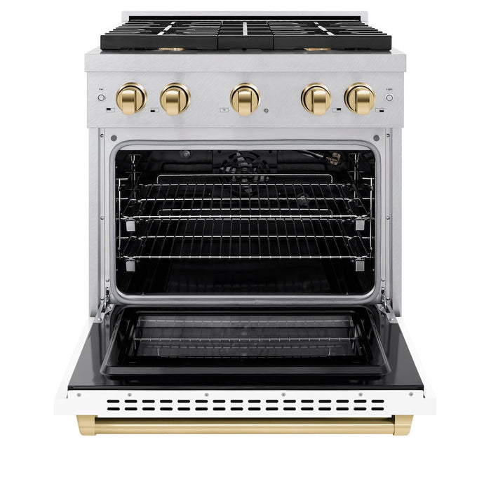 ZLINE Autograph Edition 30 in. 4.2 cu. ft. Paramount Gas Range with 4 Burner Cooktop and Convection Gas Oven in DuraSnow® Stainless Steel with White Matte Door and Polished Gold Accents (SGRSZ-WM-30-G)