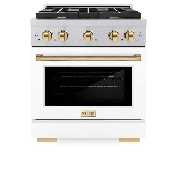 ZLINE Autograph Edition 30 in. 4.2 cu. ft. Paramount Gas Range with 4 Burner Cooktop and Convection Gas Oven in DuraSnow® Stainless Steel with White Matte Door and Polished Gold Accents (SGRSZ-WM-30-G)