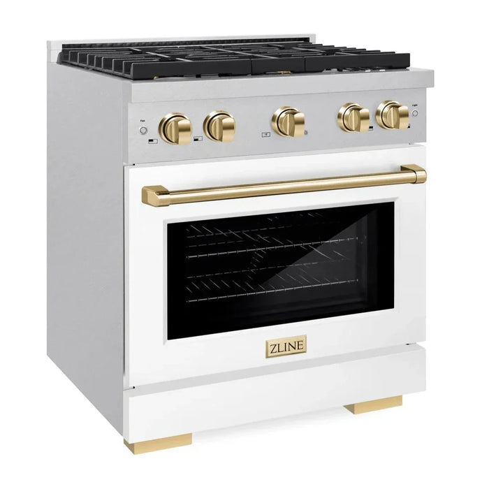 ZLINE Autograph 30" 4.2 cu. ft. Paramount Gas Range with Convection Gas Oven in DuraSnow® Stainless Steel with White Matte Door and Gold Accents, SGRSZ-WM-30-G