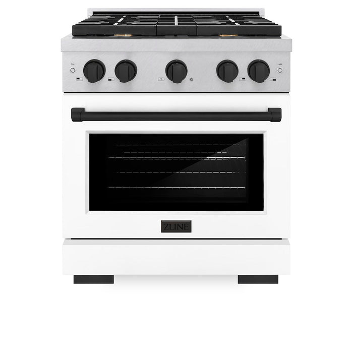 ZLINE Autograph Edition 30 in. 4.2 cu. ft. Paramount Gas Range with 4 Burner Cooktop and Convection Gas Oven in DuraSnow® Stainless Steel with White Matte Door and Matte Black Accents (SGRSZ-WM-30-MB)