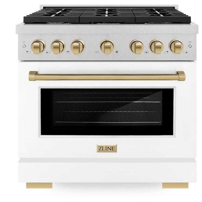 ZLINE Autograph 36" 5.2 cu. ft. Paramount Gas Range with Convection Gas Oven in DuraSnow® Stainless Steel with White Matte Door and Bronze Accents, SGRSZ-WM-36-CB