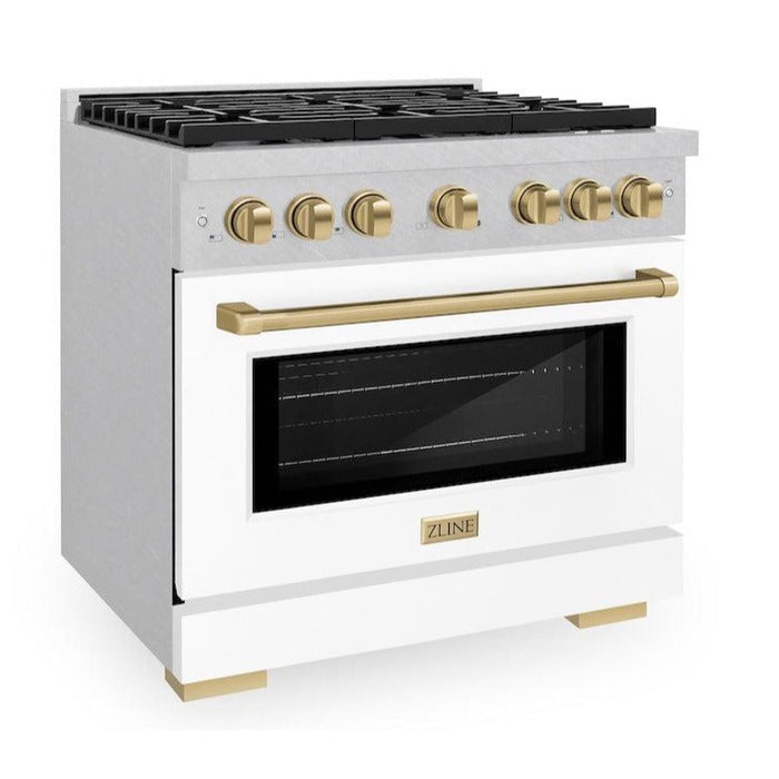 ZLINE Autograph 36" 5.2 cu. ft. Paramount Gas Range with Convection Gas Oven in DuraSnow® Stainless Steel with White Matte Door and Bronze Accents, SGRSZ-WM-36-CB