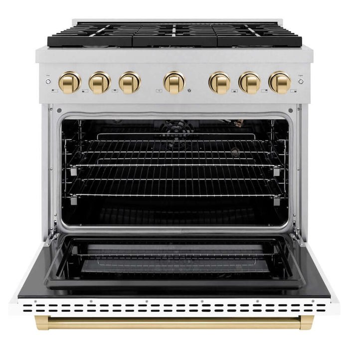 ZLINE Autograph Edition 36 in. 5.2 cu. ft. Paramount Gas Range with 6 Burner Cooktop and Convection Gas Oven in DuraSnow® Stainless Steel with White Matte Door and Polished Gold Accents (SGRSZ-WM-36-G)