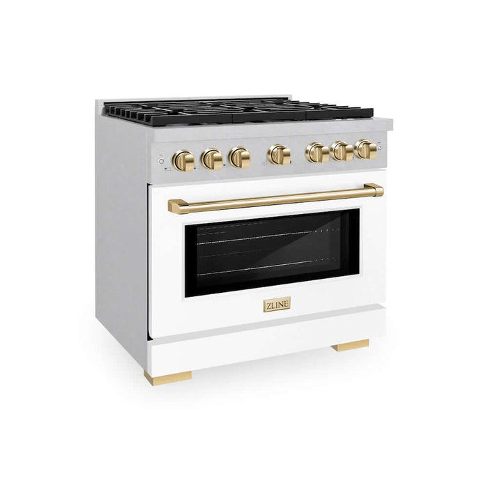 ZLINE Autograph Edition 36 in. 5.2 cu. ft. Paramount Gas Range with 6 Burner Cooktop and Convection Gas Oven in DuraSnow® Stainless Steel with White Matte Door and Polished Gold Accents (SGRSZ-WM-36-G)