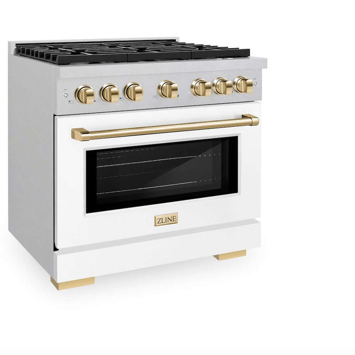 ZLINE Autograph Edition 36 in. 5.2 cu. ft. Paramount Gas Range with 6 Burner Cooktop and Convection Gas Oven in DuraSnow® Stainless Steel with White Matte Door and Polished Gold Accents (SGRSZ-WM-36-G)