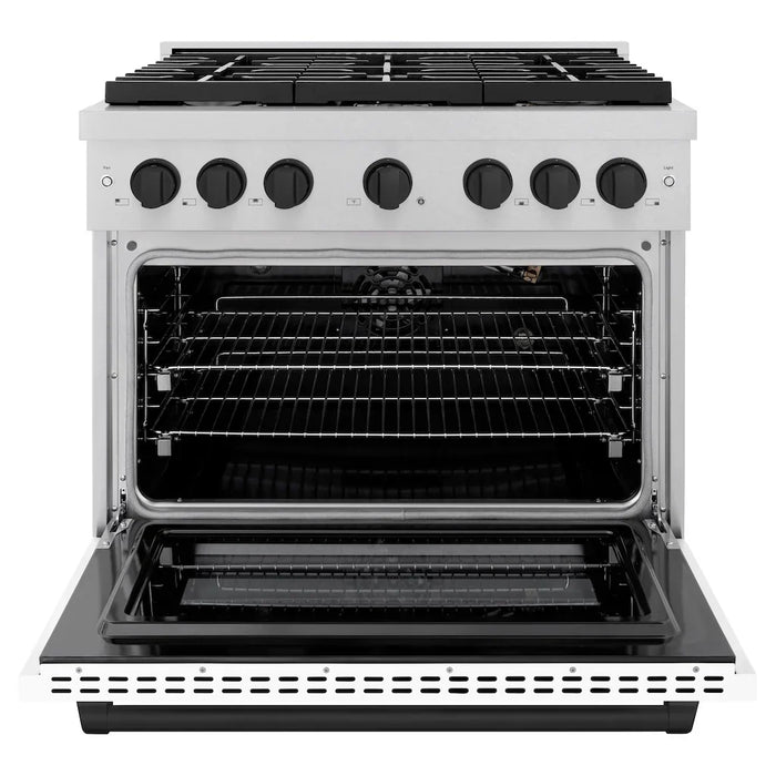 ZLINE Autograph 36" 5.2 cu. ft. Paramount Gas Range with Convection Gas Oven in DuraSnow® Stainless Steel with White Matte Door and Matte Black Accents, SGRSZ-WM-36-MB