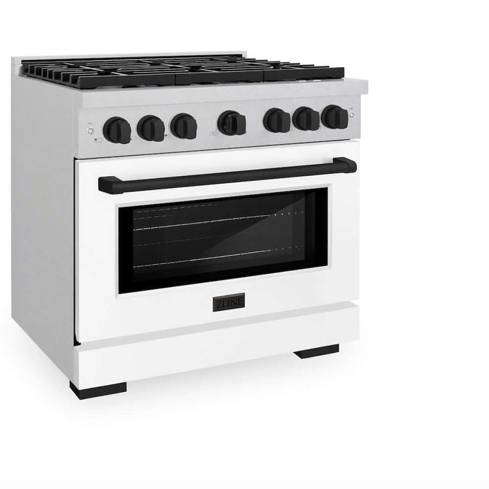 ZLINE Autograph Edition 36 in. 5.2 cu. ft. Paramount Gas Range with 6 Burner Cooktop and Convection Gas Oven in DuraSnow® Stainless Steel with White Matte Door and Matte Black Accents (SGRSZ-WM-36-MB)