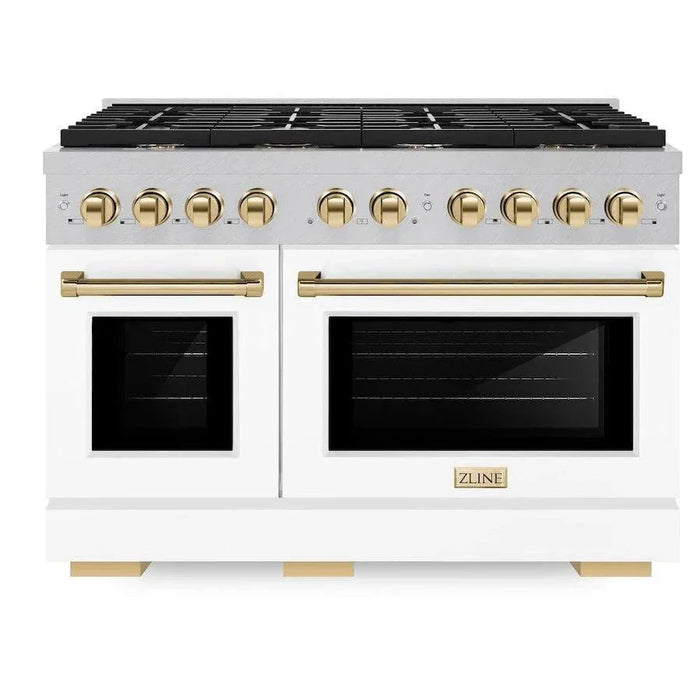 ZLINE Autograph 48" 6.7 cu. ft. Paramount Double Oven Gas Range in DuraSnow® Stainless Steel with White Matte Doors and Gold Accents, SGRSZ-WM-48-G