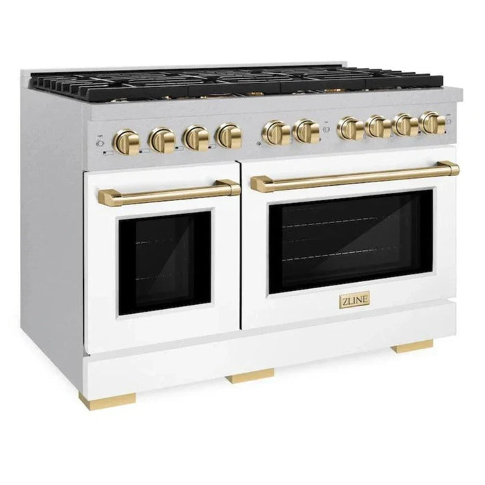 ZLINE Autograph 48" 6.7 cu. ft. Paramount Double Oven Gas Range in DuraSnow® Stainless Steel with White Matte Doors and Gold Accents, SGRSZ-WM-48-G