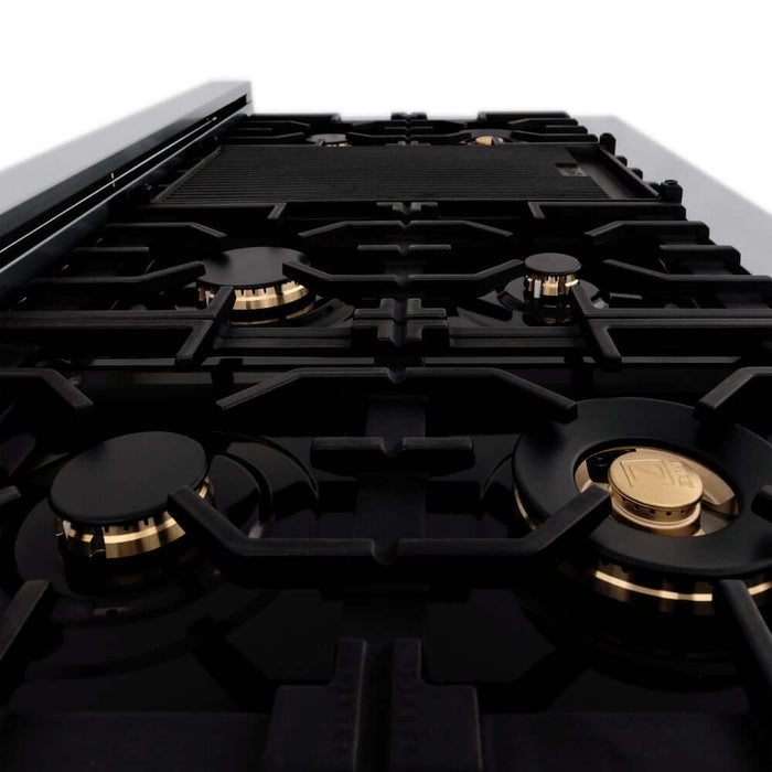 ZLINE Autograph Edition 48 in. 6.0 cu. ft. Legacy Dual Fuel Range with 7 Burner Gas Cooktop and 2 Electric Ovens in DuraSnow® Stainless Steel with Black Matte Doors and Champagne Bronze Accents (RASZ-BLM-48-CB)