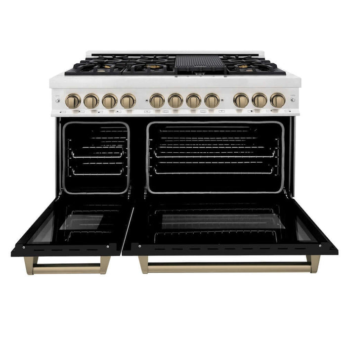 ZLINE Autograph Edition 48 in. 6.0 cu. ft. Legacy Dual Fuel Range with 7 Burner Gas Cooktop and 2 Electric Ovens in DuraSnow® Stainless Steel with Black Matte Doors and Champagne Bronze Accents (RASZ-BLM-48-CB)