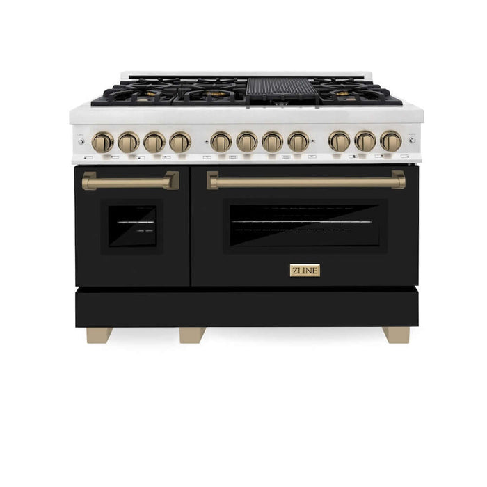 ZLINE Autograph Edition 48 in. 6.0 cu. ft. Legacy Dual Fuel Range with 7 Burner Gas Cooktop and 2 Electric Ovens in DuraSnow® Stainless Steel with Black Matte Doors and Champagne Bronze Accents (RASZ-BLM-48-CB)