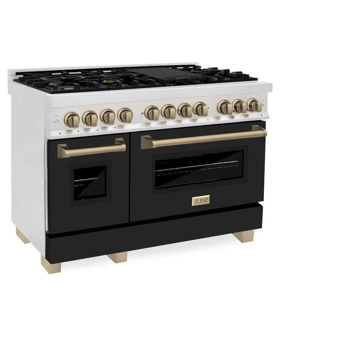 ZLINE Autograph Edition 48 in. 6.0 cu. ft. Legacy Dual Fuel Range with 7 Burner Gas Cooktop and 2 Electric Ovens in DuraSnow® Stainless Steel with Black Matte Doors and Champagne Bronze Accents (RASZ-BLM-48-CB)