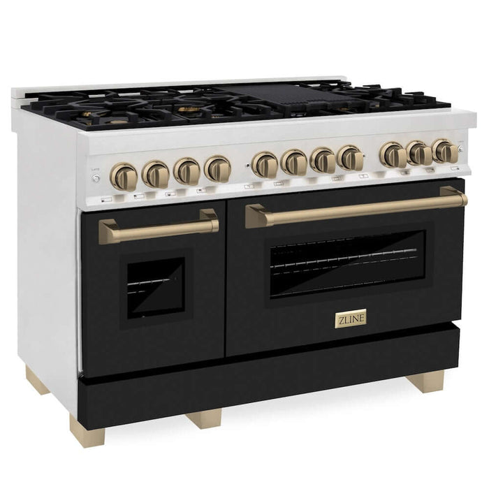 ZLINE Autograph Edition 48 in. 6.0 cu. ft. Legacy Dual Fuel Range with 7 Burner Gas Cooktop and 2 Electric Ovens in DuraSnow® Stainless Steel with Black Matte Doors and Champagne Bronze Accents (RASZ-BLM-48-CB)