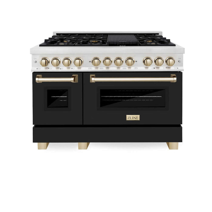 ZLINE Autograph Edition 48 in. 6.0 cu. ft. Legacy Dual Fuel Range with 7 Burner Gas Cooktop and 2 Electric Ovens in DuraSnow® Stainless Steel with Black Matte Doors and Polished Gold Accents (RASZ-BLM-48-G)