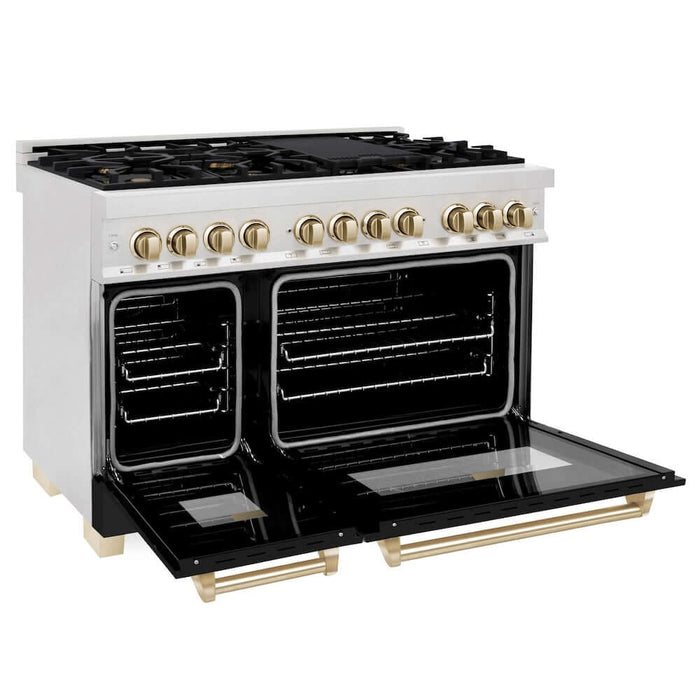 ZLINE Autograph Edition 48 in. 6.0 cu. ft. Legacy Dual Fuel Range with 7 Burner Gas Cooktop and 2 Electric Ovens in DuraSnow® Stainless Steel with Black Matte Doors and Polished Gold Accents (RASZ-BLM-48-G)