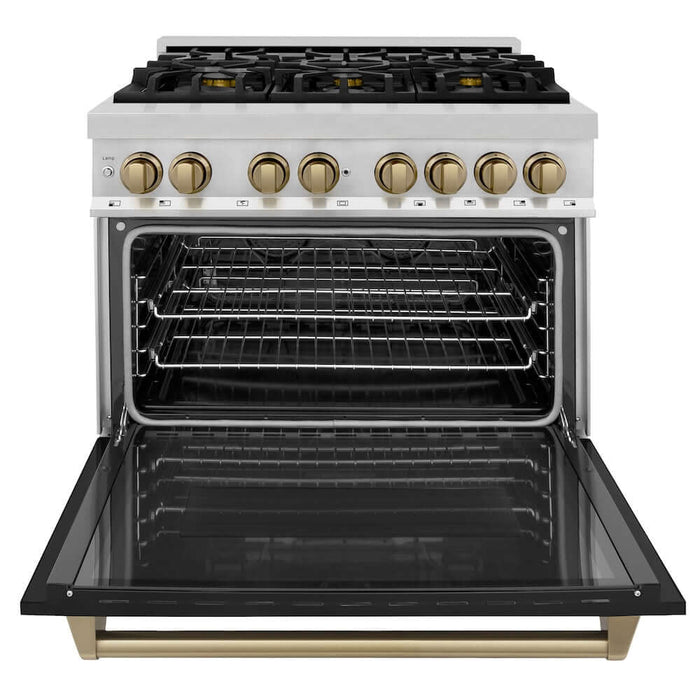 ZLINE Autograph Edition 36 in. 4.6 cu. ft. Legacy Dual Fuel Range with 6 Burner Gas Cooktop and Electric Convection Oven in Stainless Steel with Black Matte Door and Champagne Bronze Accents (RAZ-BLM-36-CB)