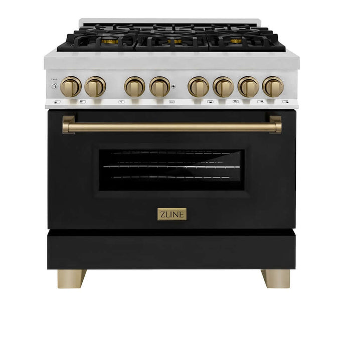 ZLINE Autograph Edition 36 in. 4.6 cu. ft. Legacy Dual Fuel Range with 6 Burner Gas Cooktop and Electric Convection Oven in Stainless Steel with Black Matte Door and Champagne Bronze Accents (RAZ-BLM-36-CB)