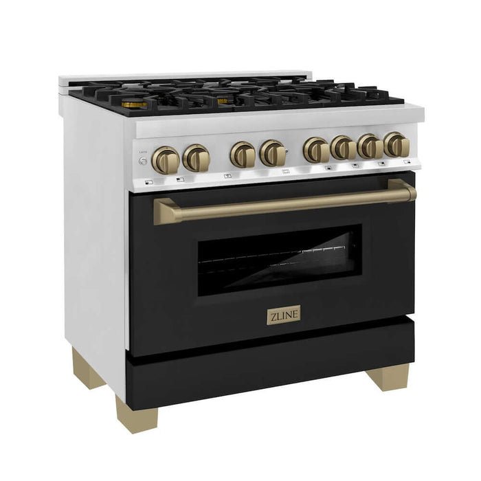 ZLINE Autograph Edition 36 in. 4.6 cu. ft. Legacy Dual Fuel Range with 6 Burner Gas Cooktop and Electric Convection Oven in Stainless Steel with Black Matte Door and Champagne Bronze Accents (RAZ-BLM-36-CB)