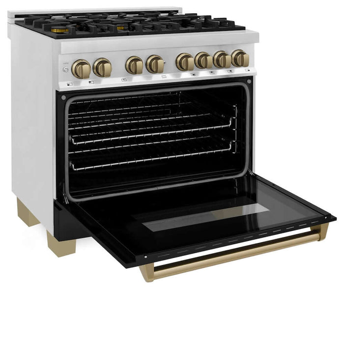 ZLINE Autograph Edition 36 in. 4.6 cu. ft. Legacy Dual Fuel Range with 6 Burner Gas Cooktop and Electric Convection Oven in Stainless Steel with Black Matte Door and Champagne Bronze Accents (RAZ-BLM-36-CB)