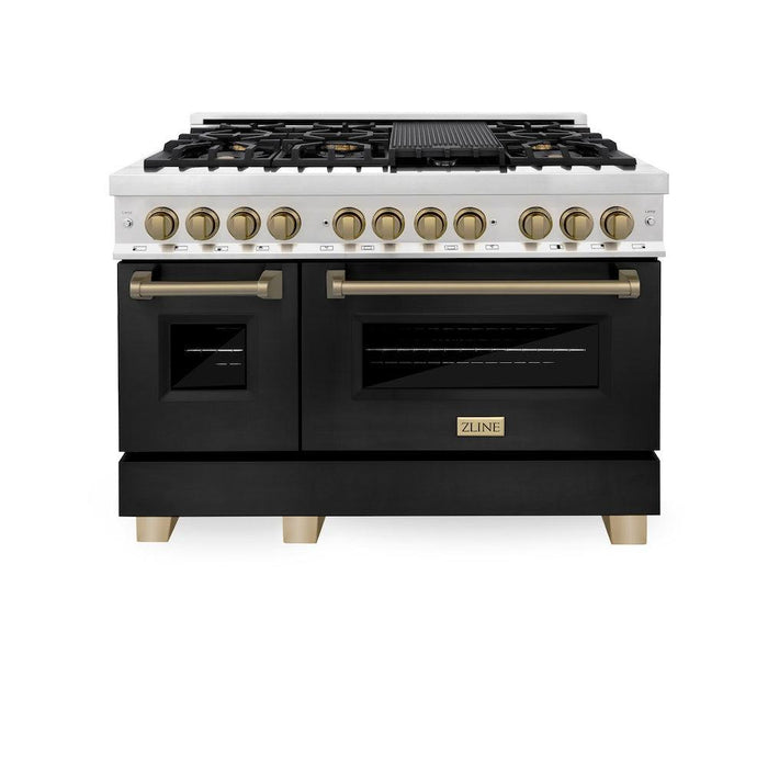 ZLINE Autograph 48" 6.0 cu. ft. Dual Fuel Range with Black Matte Door and Bronze Accents, RAZ-BLM-48-CB