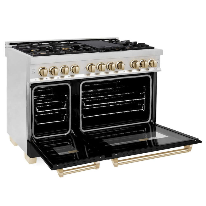 ZLINE Autograph Edition 48 in. 6.0 cu. ft. Legacy Dual Fuel Range with 7 Burner Gas Cooktop and 2 Electric Ovens in Stainless Steel with Black Matte Doors and Polished Gold Accents (RAZ-BLM-48-G)