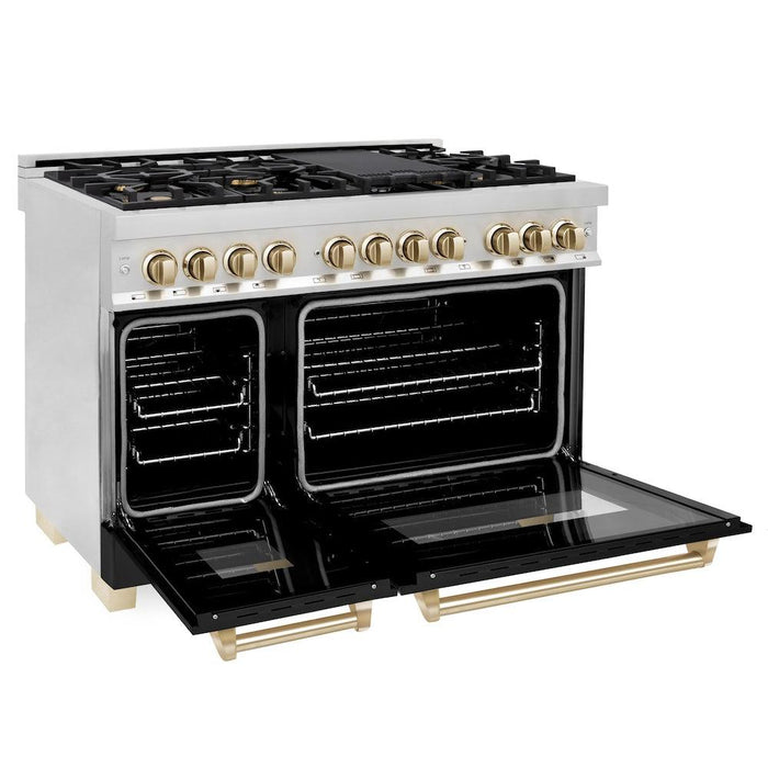 ZLINE Autograph 48" 6.0 cu. ft. Dual Fuel Range with Black Matte Door and Gold Accents, RAZ-BLM-48-G