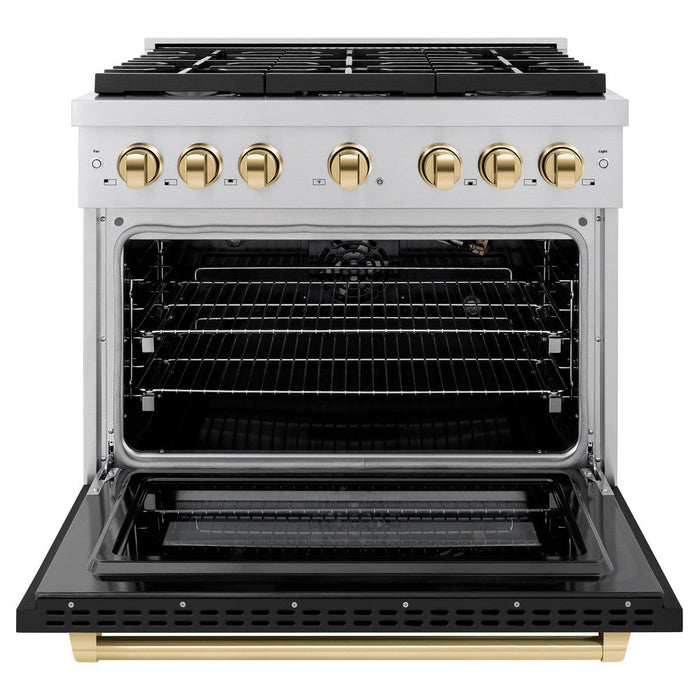 ZLINE Autograph 36" 5.2 cu. ft. Paramount Dual Fuel Range with 6 Burners in Stainless Steel with Black Matte Door and Polished Gold Accents, SDRZ-BLM-36-G