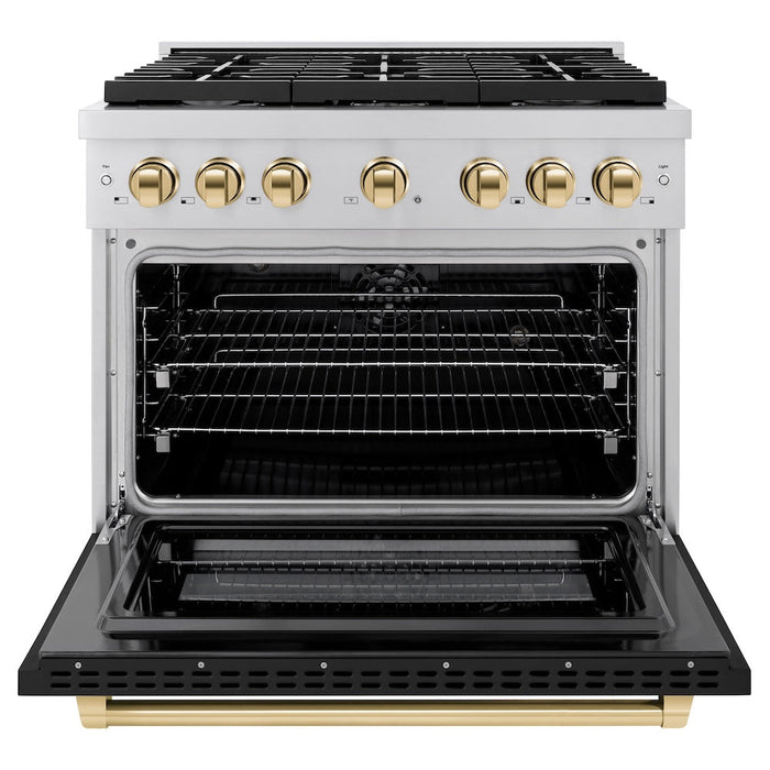 ZLINE Autograph Edition 36 in. 5.2 cu. ft. Paramount Dual Fuel Range with 6 Burner Gas Cooktop and Electric Convection Oven in Stainless Steel with Black Matte Door and Polished Gold Accents (SDRZ-BLM-36-G)