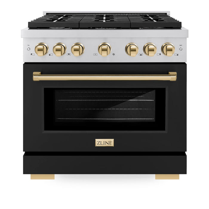 ZLINE Autograph Edition 36 in. 5.2 cu. ft. Paramount Dual Fuel Range with 6 Burner Gas Cooktop and Electric Convection Oven in Stainless Steel with Black Matte Door and Polished Gold Accents (SDRZ-BLM-36-G)