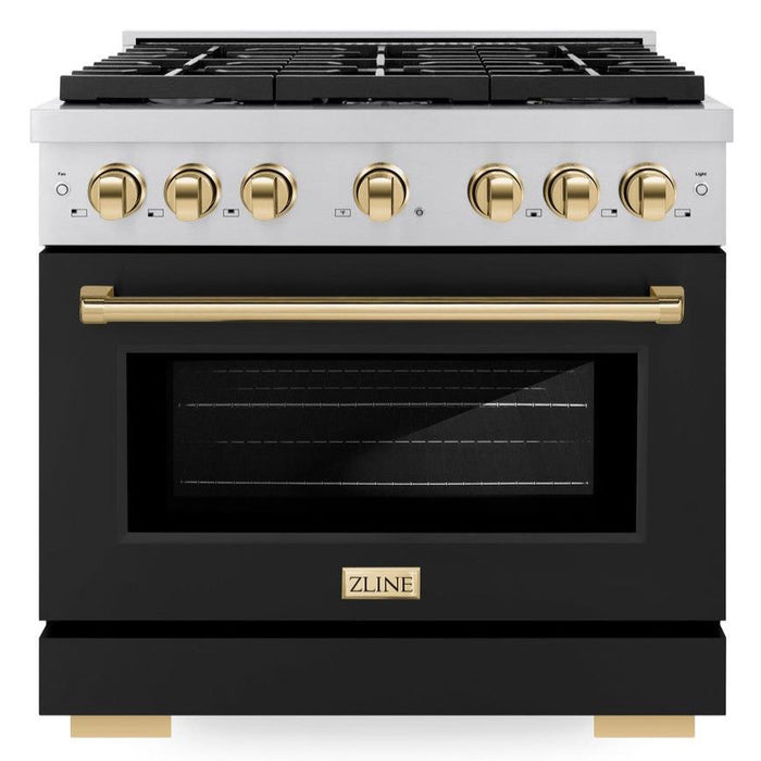 ZLINE Autograph 36" 5.2 cu. ft. Paramount Dual Fuel Range with 6 Burners in Stainless Steel with Black Matte Door and Polished Gold Accents, SDRZ-BLM-36-G