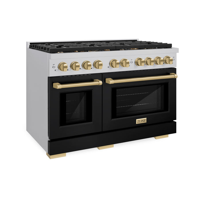 ZLINE Autograph 48" 6.7 cu. ft. Paramount Double Oven Dual Fuel Range with 8 Burners with Black Matte Doors and Champagne Bronze Accents, SDRZ-BLM-48-CB