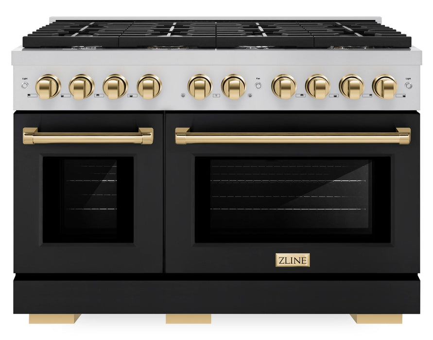 ZLINE Autograph 48" 6.7 cu. ft. Paramount Double Oven Dual Fuel Range with 8 Burners with Black Matte Doors and Polished Gold Accents, SDRZ-BLM-48-G