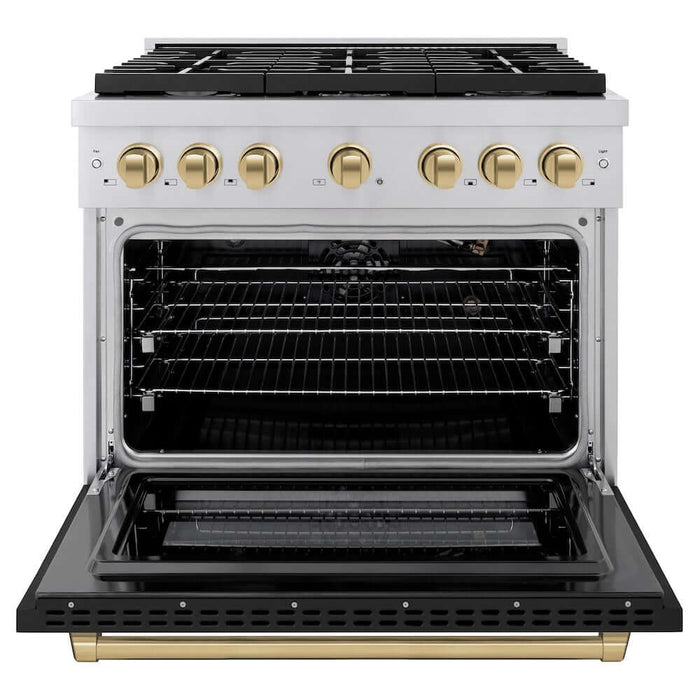 ZLINE Autograph Edition 36 in. 5.2 cu. ft. Paramount Gas Range with 6 Burner Cooktop and Convection Gas Oven in Stainless Steel with Black Matte Door and Champagne Bronze Accents (SGRZ-BLM-36-CB)