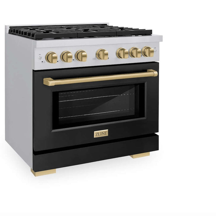 ZLINE Autograph Edition 36 in. 5.2 cu. ft. Paramount Gas Range with 6 Burner Cooktop and Convection Gas Oven in Stainless Steel with Black Matte Door and Champagne Bronze Accents (SGRZ-BLM-36-CB)