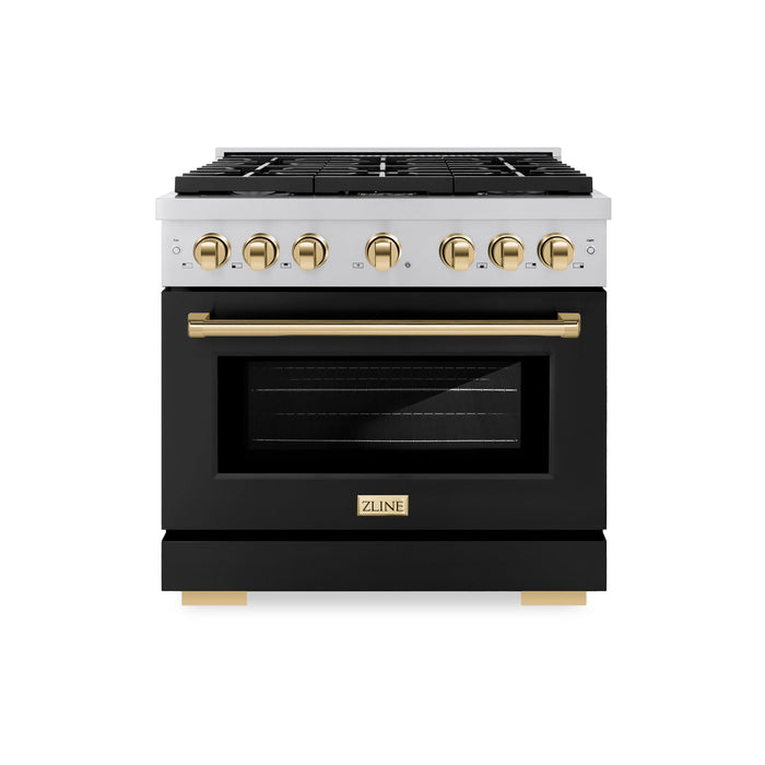 ZLINE Autograph 36" 5.2 cu. ft. Paramount Gas Range with Convection Gas Oven in Stainless Steel with Black Matte Door and Gold Accents, SGRZ-BLM-36-G