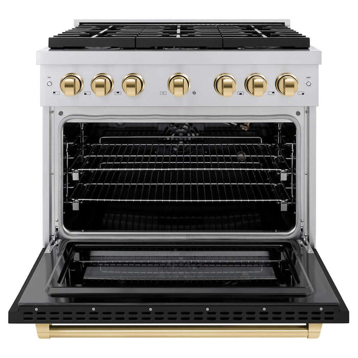 ZLINE Autograph Edition 36 in. 5.2 cu. ft. Paramount Gas Range with 6 Burner Cooktop and Convection Gas Oven in Stainless Steel with Black Matte Door and Polished Gold Accents (SGRZ-BLM-36-G)