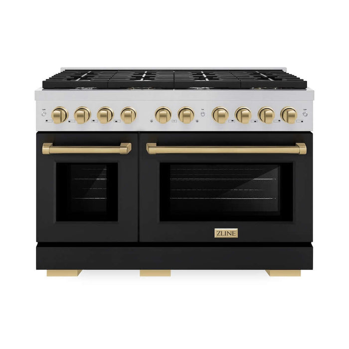 ZLINE Autograph Edition 48 in. 6.7 cu. ft. Paramount Double Oven Gas Range with 8 Burner Cooktop in Stainless Steel with Black Matte Doors and Champagne Bronze Accents (SGRZ-BLM-48-CB)