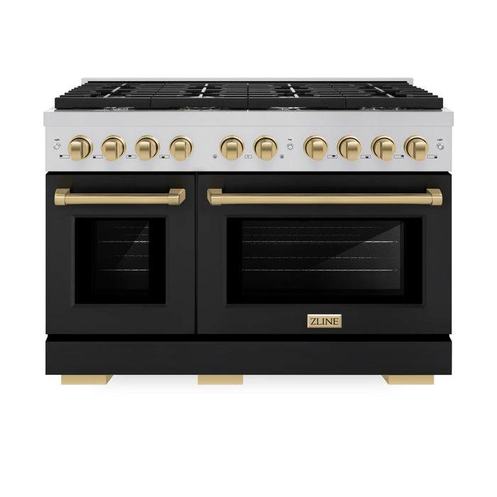 ZLINE Autograph 48" 6.7 cu. ft. Paramount Double Oven Gas Range in Stainless Steel with Black Matte Doors and Bronze Accents, SGRZ-BLM-48-CB