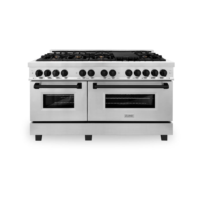 ZLINE Autograph Edition 60 in. 7.4 cu. ft. Legacy Dual Fuel Range with 9 Burner Gas Cooktop and 2 Electric Convection Ovens in Stainless Steel and Matte Black Accents (RAZ-60-MB)