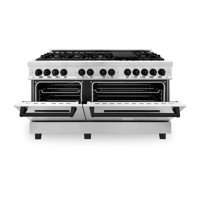 ZLINE Autograph Edition 60 in. 7.4 cu. ft. Legacy Dual Fuel Range with 9 Burner Gas Cooktop and 2 Electric Convection Ovens in Stainless Steel and Matte Black Accents (RAZ-60-MB)