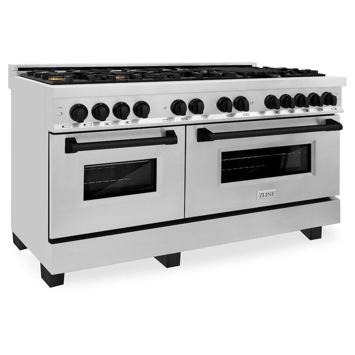 ZLINE Autograph Edition 60 in. 7.4 cu. ft. Legacy Dual Fuel Range with 9 Burner Gas Cooktop and 2 Electric Convection Ovens in Stainless Steel and Matte Black Accents (RAZ-60-MB)