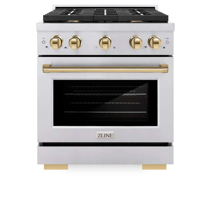 ZLINE Autograph Edition 30 in. 4.2 cu. ft. Paramount Dual Fuel Range with 4 Burner Gas Cooktop and Electric Convection Oven in Stainless Steel with Polished Gold Accents (SDRZ-30-G)