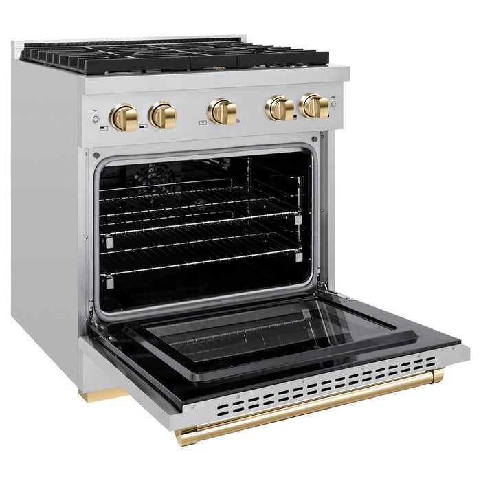 ZLINE Autograph 30" 4.2 cu. ft. Paramount Dual Fuel Range with 4 Burners in Stainless Steel with Polished Gold Accents, SDRZ-30-G